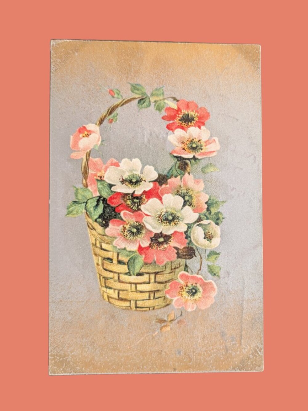 5/$25 Antique 1908 Postmarked Gilded Art Nouveau Postcard Floral Basket